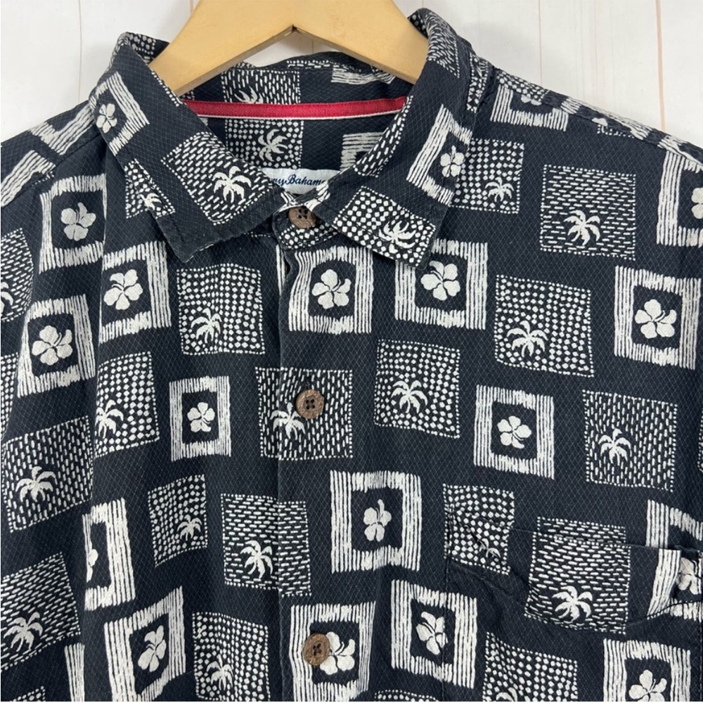 Tommy Bahama Black White Hawaiian Silk Button Down Shirt Size XXL